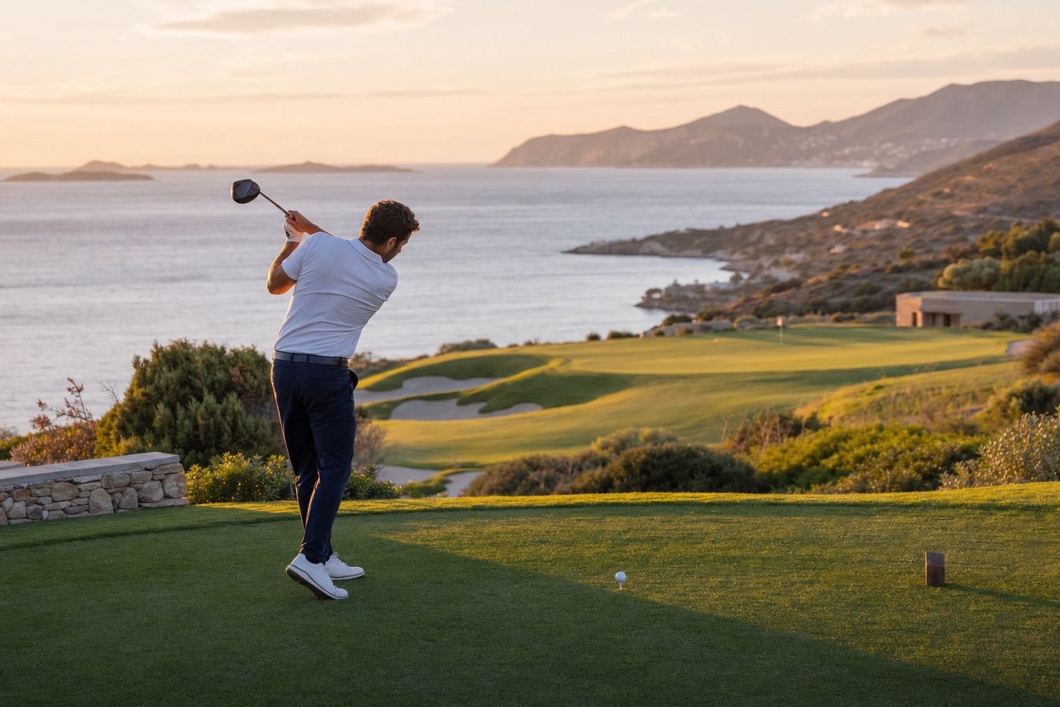 Luxury golf on a Greek coastal course at golden hour