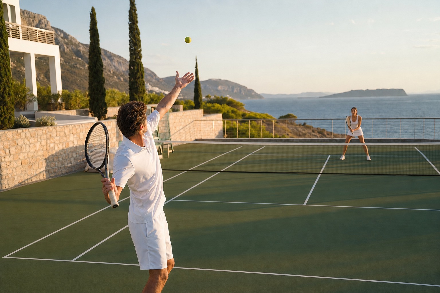 Private tennis on a Greek coastal court overlooking the sea