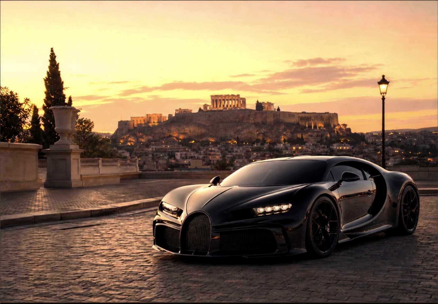 Bugatti-style hypercar at sundown in Athens with the Acropolis in the background