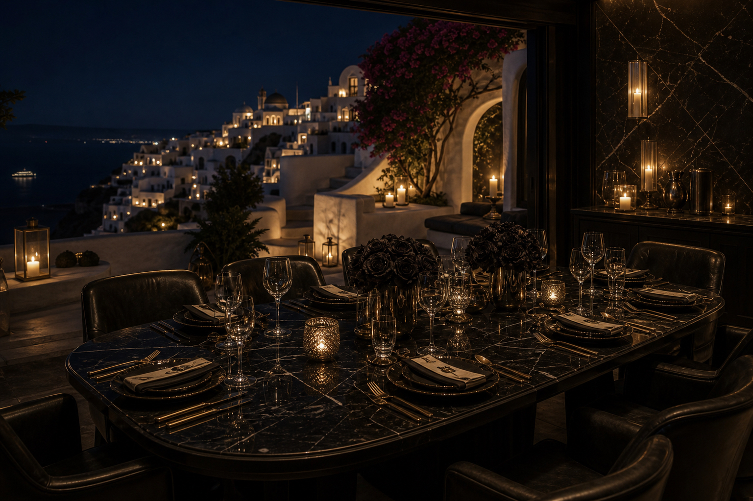 Private black and gold dining terrace overlooking Santorini and the Aegean Sea at night