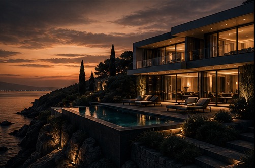 Luxury Greek villa at sunset