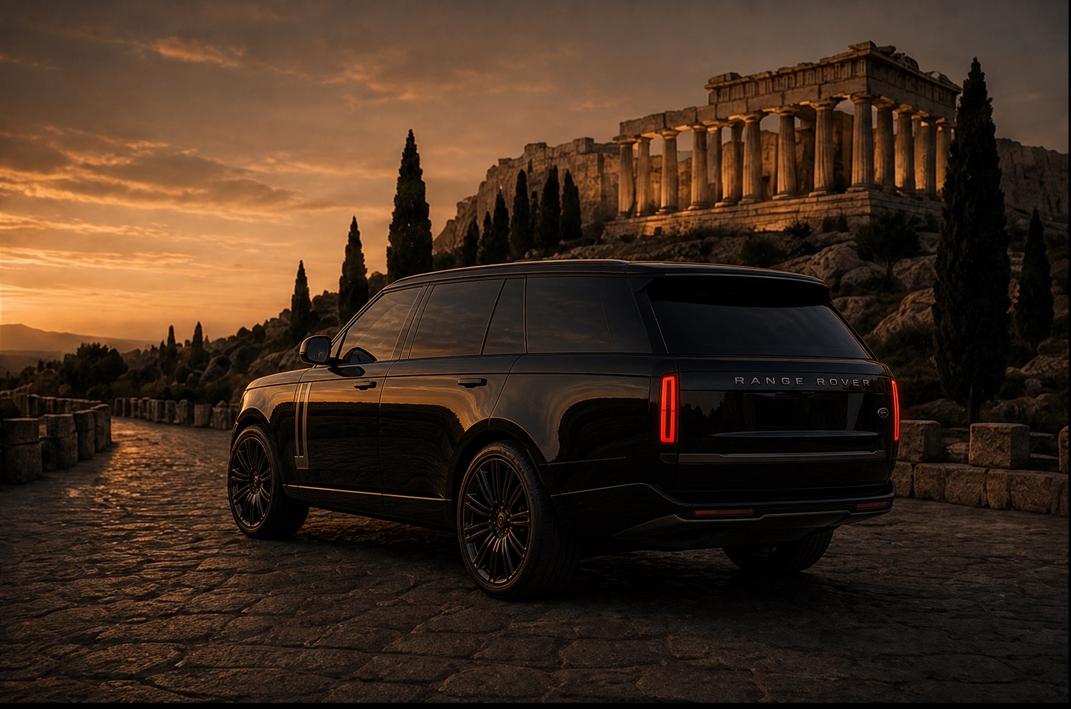 Top-of-the-line black Range Rover near the Acropolis at sunset