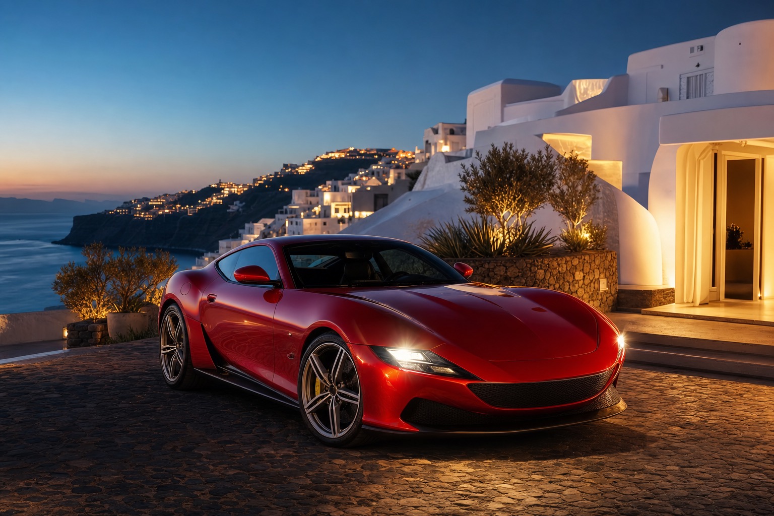 Red Ferrari-style grand touring car outside a Greek island villa at blue hour