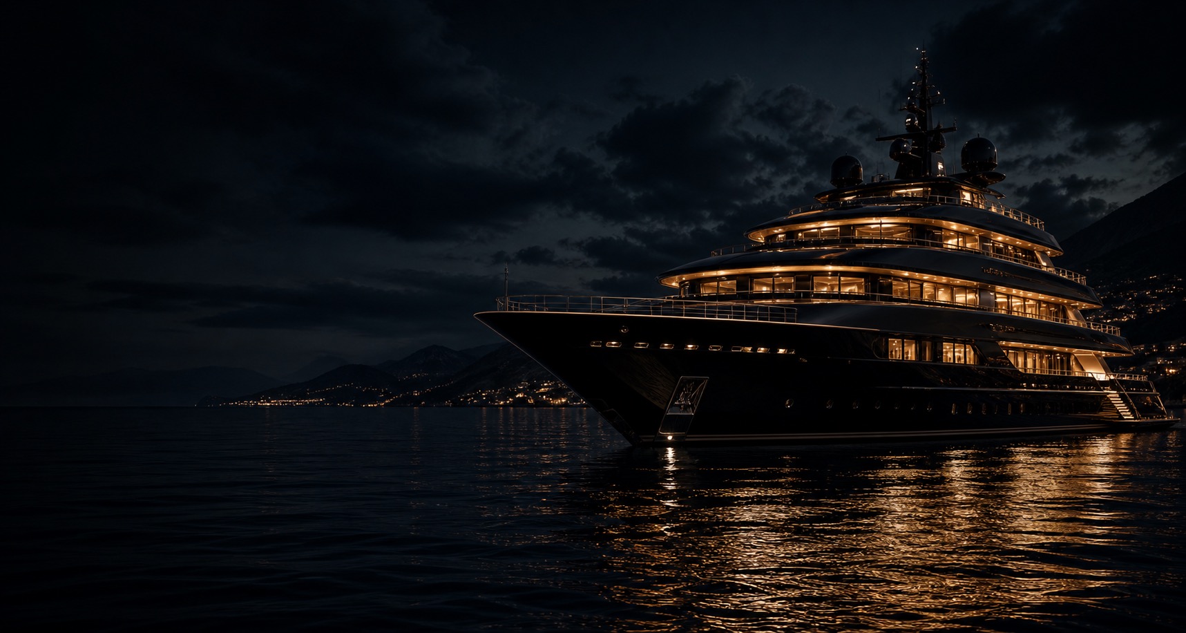 A black superyacht lit at night on calm dark water
