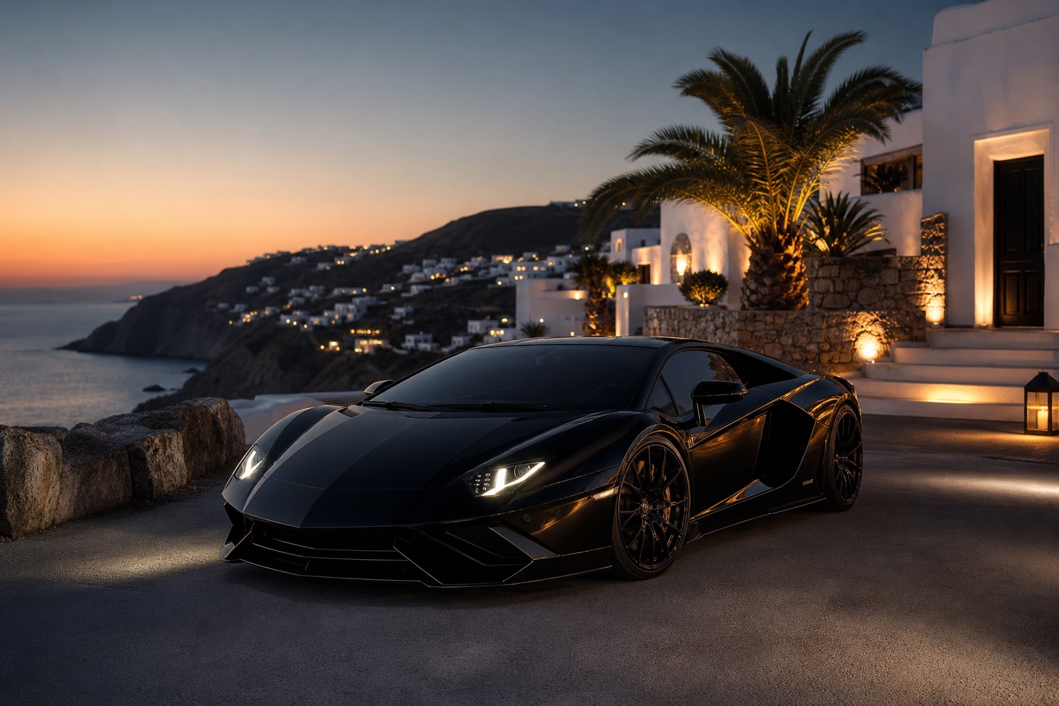 Black Lamborghini-style exotic car at a private Greek island villa at dusk