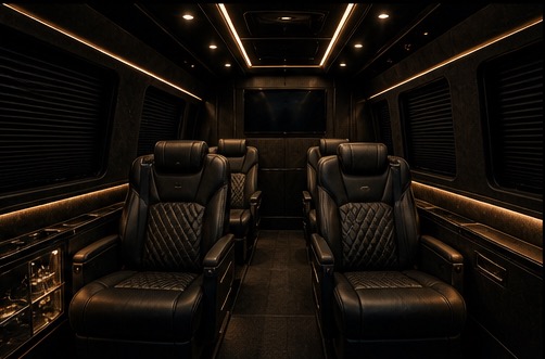 Black leather executive van interior with private captain seats